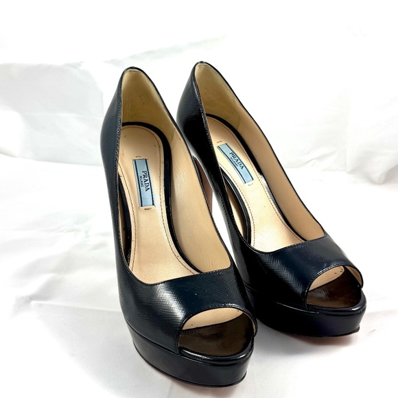Prada Black Vernice Saffiano Leather Peep Toe Platform Pumps Size 39½ - Picture 3 of 12